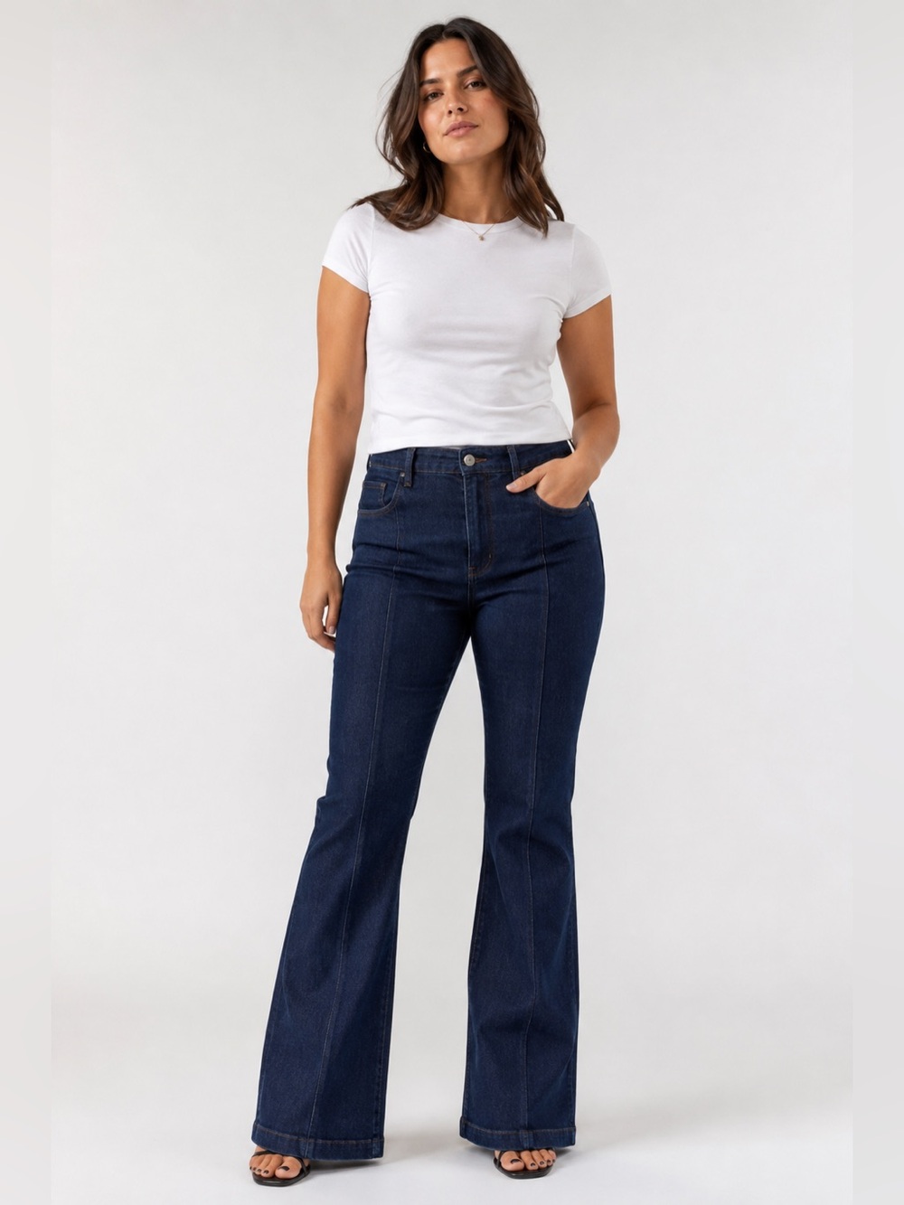 MNG Denim Dark Wash Pintuck Flare Jeans 100% Cotton Size 8